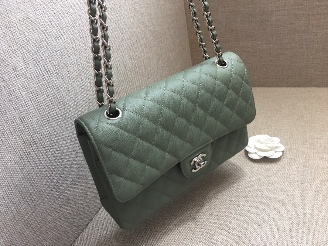 Medium Classic Flap Caviar Bag A01112 Gray Green/Silver